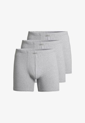 Graue Herren-Boxershorts aus einem weichen, dehnbaren Stoff mit einem elastischen Bund und einem frontalen Täschchen. Set aus drei Stück.