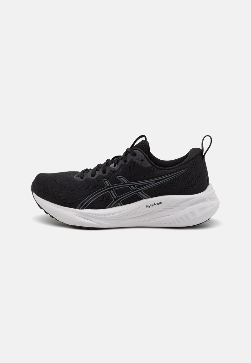 Black athletic shoe with a breathable upper, textured material, contrasting white sole, and reflective detailing on the side. Lightweight design.