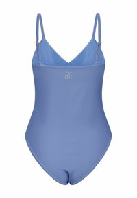 Costume intero blu chiaro con spalline regolabili, design a scollatura a V e texture liscia. Presenta un piccolo logo sul davanti.