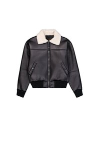 Veste bomber en cuir noir avec col en shearling blanc, fermeture éclair frontale, deux poches à bouton-pression et poignets et ourlet côtelés.