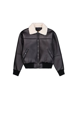 Black leather bomber jacket with white shearling collar, front zipper, two snap-button pockets, and ribbed cuffs and hem.