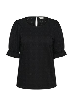 Black short-sleeve blouse with subtle diamond pattern, ruffled cuffs, round neckline, and small back keyhole button closure.