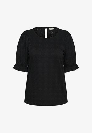 Blouse noire à manches courtes avec un motif subtil en losanges, poignets à volants, encolure ronde et petite ouverture en forme de goutte au dos avec bouton de fermeture.