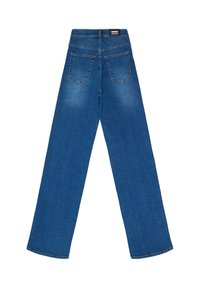 Jeans de mezclilla azul con diseño de pierna ancha, cintura de altura media y tres bolsillos traseros. Presenta un desvanecimiento sutil y dobladillos de doble costura.