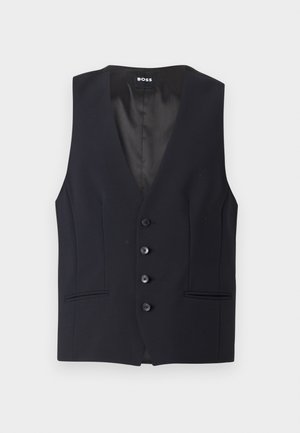 Black tailored vest with a deep V-neck, five button closure, and two side pockets. Smooth fabric with a sleek, minimalist design.