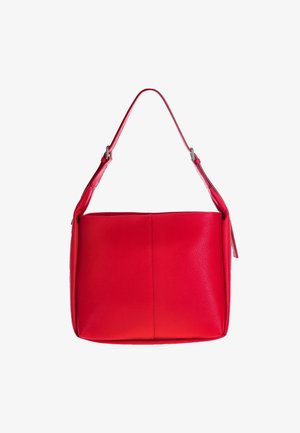 Red leather handbag with a textured finish, featuring a single shoulder strap and rectangular shape, accented with silver hardware.