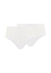 Mutande bianche in cotone con una consistenza liscia, caratterizzate da un design a vita alta e accenti minimalisti. Due paia esposti insieme.