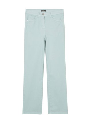 Pantalons en coton bleu clair au design à jambe droite, dotés de poches avant, d'une fermeture à bouton et de détails de couture minimalistes.