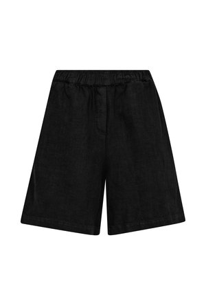 Fekete, térdig érő rövidnadrág, gumis derékrésszel, egyenes szabással, látható zsebek vagy díszítések nélkül.