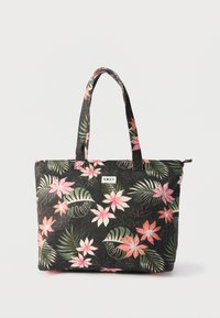 Sac cabas noir avec motif floral tropical rose et vert, deux poignées, et une petite étiquette "Roxy" à l'avant.