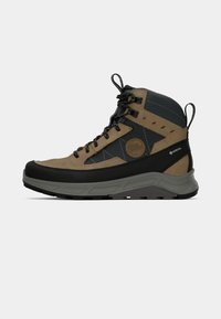 Smeđi i crni planinarski čizme s teksturiranim dizajnom, sa oznakom Gore-Tex, podstavljenim ovratnikom i robusnim potplatom za prianjanje.