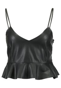 Svart konstläder camisole med tunna band, v-ringning och peplumslut. Slät textur, åtsittande liv och ingen synlig hårdvara.