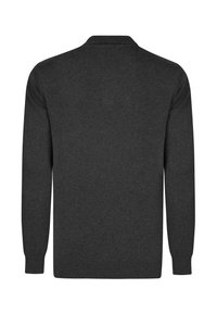 Suéter de manga larga gris oscuro, hecho de un material suave, con cuello tipo camisa y puños y dobladillo acanalados, de textura suave y diseño minimalista.