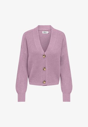 Cardigan en maille lilas avec manches bouffantes longues, col en V profond, poignets et ourlet côtelés, et trois gros boutons ronds sur le devant.