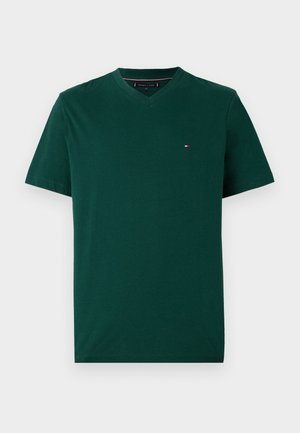 Grüne Baumwollt-shirt mit V-Ausschnitt, kurzen Ärmeln und kleinem Logo auf der Brust. Einfaches Design und glatte Textur.