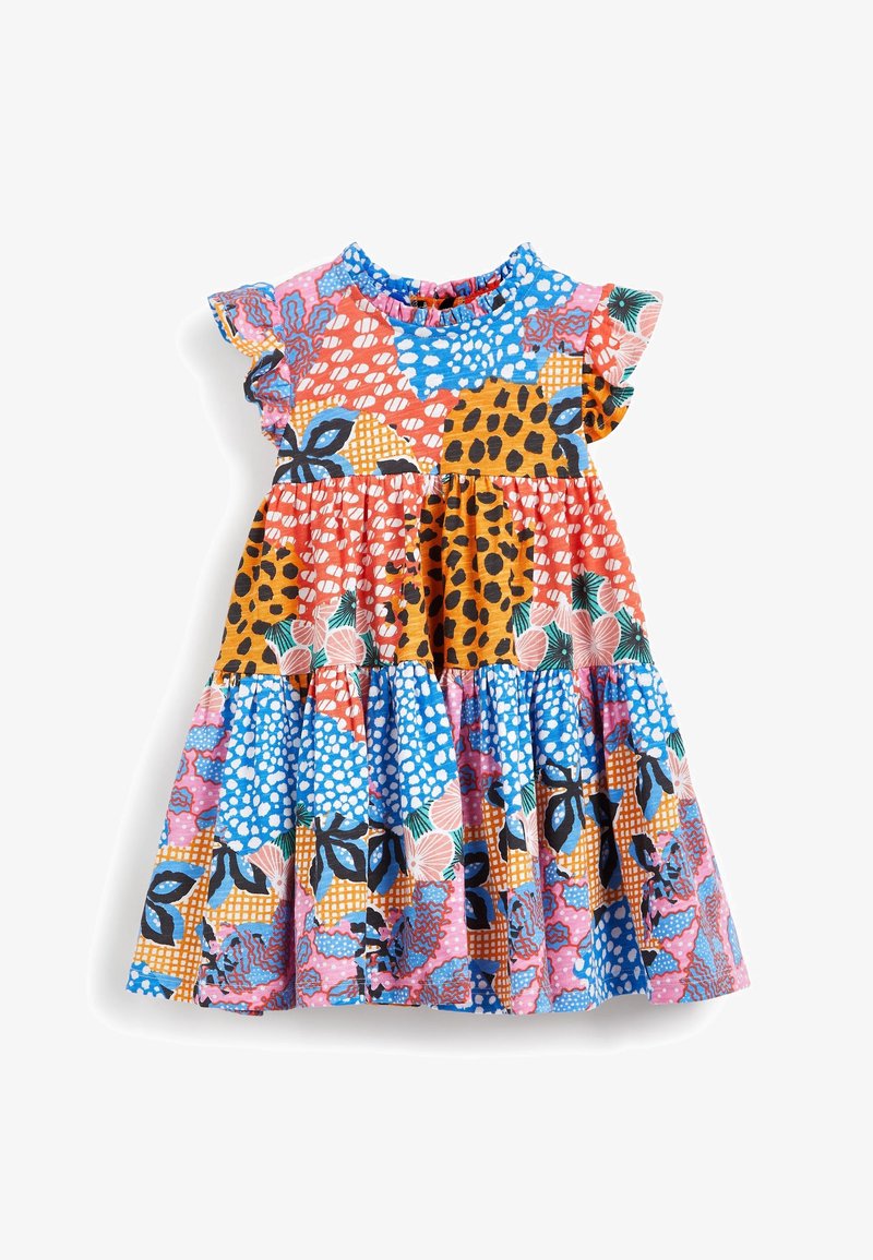 Colorful, patterned dress made of cotton, featuring short ruffled sleeves, a high neckline, and a tiered skirt with floral and animal prints.