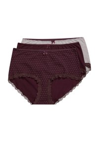 Sada tří dámských spodního prádla v burgundské barvě a pruhovaných vzorech. Obsahuje puntíky, krajkové lemování a malé mašličky na pásku.