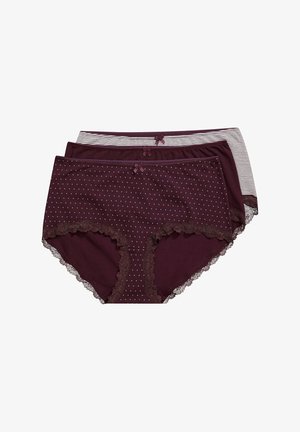 Set of three women's underwear in burgundy and striped patterns. Features polka dots, lace trim, and small bows on the waistband.