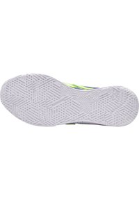 Sula på en sko med en vit gummibas och ett mönster som är texturerat och halkfritt; prydd med neongröna detaljer och en mörkblå sektion.