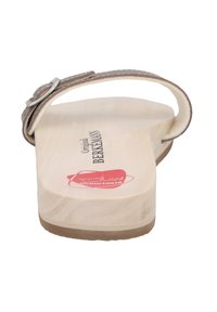 Brown leather sandal with a single strap and buckle, featuring a natural wood footbed and rubber sole. Berkemann branding visible.