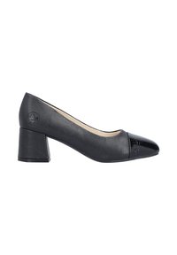 Black mid-heel pump with rounded patent toe, block heel, and embossed logo on the side, shown in profile on a white background.