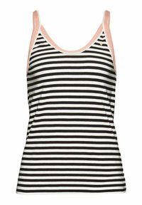 Top sin mangas a rayas en blanco y negro con acentos en rosa en el escote y los tirantes. Hecho de una tela suave, presenta un diseño ajustado.