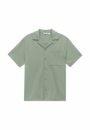 Short-sleeve, collared shirt in light green, textured fabric. Features a chest pocket and five button closure along the front.