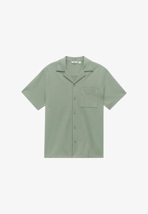 Korte mouwen, overhemd met kraag in lichtgroene, gestructureerde stof. Bevat een borstzak en een sluiting met vijf knopen aan de voorkant.