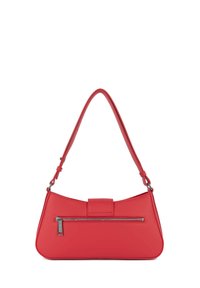 Red leather handbag with a smooth texture, curved silhouette, adjustable shoulder strap, and a front zip pocket featuring metallic hardware.
