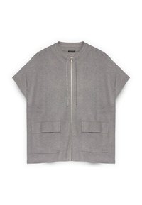 Szara krótka kurtka z krótkim rękawem wykonana z miękkiej tkaniny, z zamkiem błyskawicznym z przodu, okrągłym dekoltem i dwoma kieszeniami naszywanymi z przodu. Prosty design, luźny fason.