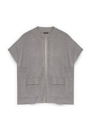 Harmaa lyhythihainen takki pehmeästä kankaasta, etuvetoketjulla, pyöreällä pääntiellä ja kahdella etutaskulla. Yksinkertainen muotoilu, rento istuvuus.
