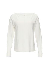 Wit langetermijnshirt gemaakt van zachte stof, met een brede halslijn, subtiele zijnaadjes en ribbelmanchetten aan het einde van de mouwen en de zoom.