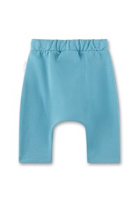 Light blue cotton shorts with an elastic waistband, knee-length cut, and smooth texture. Features a small tag on the side.
