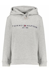 Šedá mikina vyrobená z bavlněné směsi, s klokaní kapsou, kapucí na šňůrku a vyšitým logem "TOMMY HILFIGER EST. 1985" na přední straně.