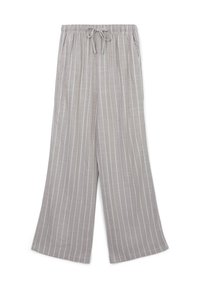 Pantaloni larghi grigio chiaro con strisce verticali bianche, dotati di una vita elastica con cordoncino. Tessuto morbido con una superficie liscia.
