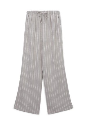 Pantaloni larghi grigio chiaro con strisce verticali bianche, dotati di una vita elastica con cordoncino. Tessuto morbido con una superficie liscia.
