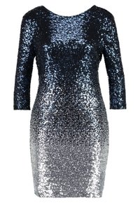 Paljetkjole med en tætsiddende design, lange ærmer og en gradient fra mørkeblå i toppen til sølv ved kanten. Glat tekstur.