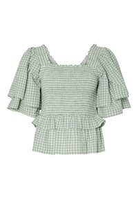 Grön och vit rutigt topp med smockad byst, volangärmar och utsvängd nederkant. Har en fyrkantig halsringning med spetsdetalj.