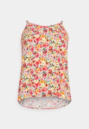 Ærmeløs dame top med tynde stropper, flerfarvet blomsterprint i rødt, pink, gult og grønt på en lys baggrund.