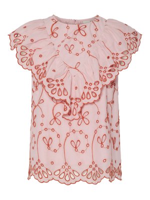 Pink blouse with ruffled sleeves, featuring red floral embroidery and cut-out patterns along the hem. Soft, lightweight fabric.