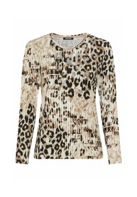 Langärmliges Oberteil mit Leopardenmuster in Beige, Braun und Schwarz. Verfügt über einen runden Ausschnitt und einen strukturierten Stoff mit unterschiedlichen Leopardenmustern.