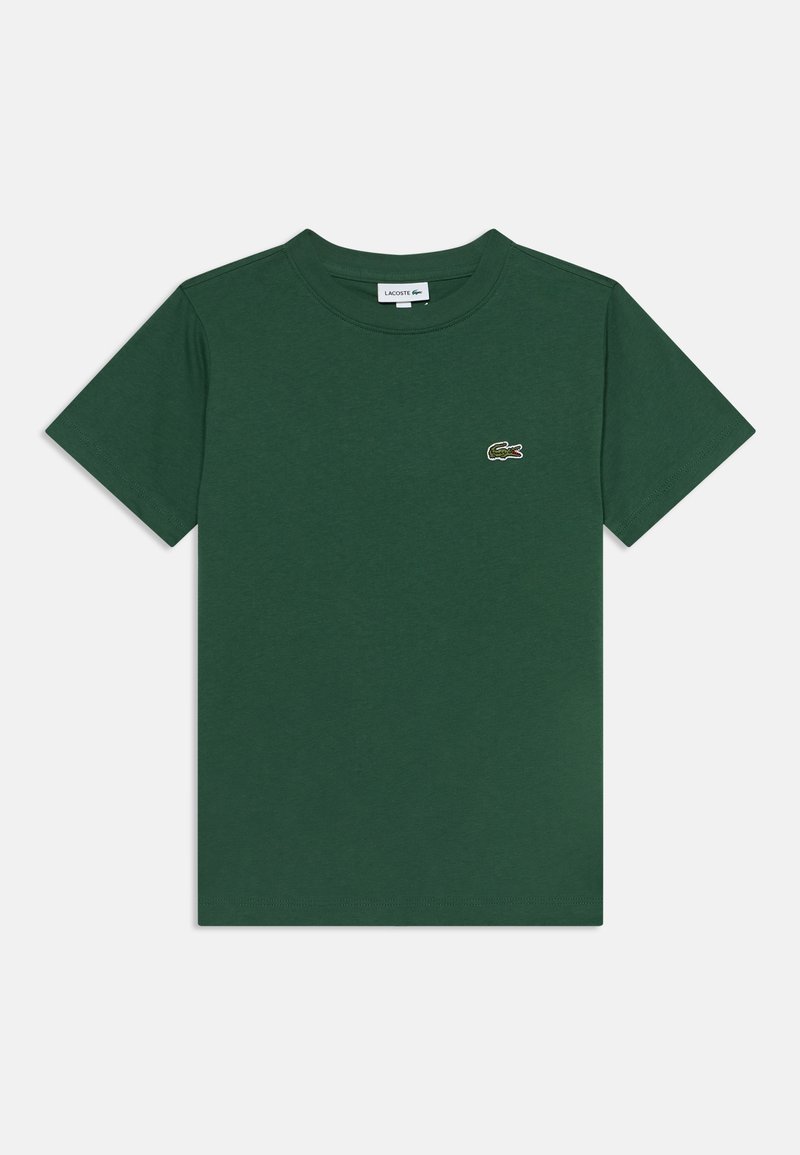 Σκούρο πράσινο κοντομάνικο T-shirt με στρογγυλή λαιμόκοψη και μικρό κεντητό λογότυπο κροκοδείλου Lacoste στο αριστερό στήθος.