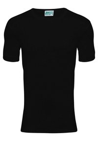 Sort kortærmet t-shirt lavet af blødt stof, med rund hals og en tætsiddende pasform, uden synlige mønstre eller detaljer.