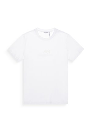 T-shirt bianco in cotone con maniche corte, collo rotondo e logo in rilievo discreto sul davanti. Texture liscia e vestibilità classica.
