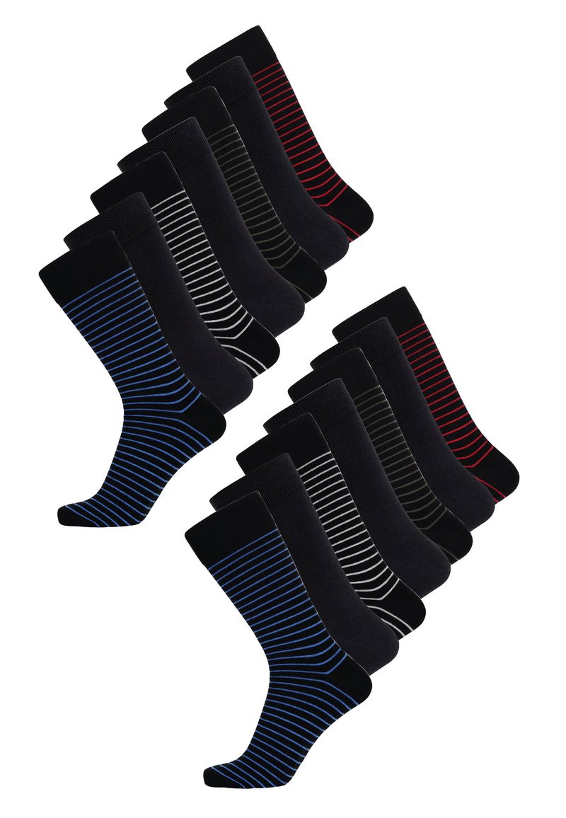 Sæt af 12 par sokker med sorte og mørke farver og forskellige stribede mønstre. Materialerne ser bløde og strækbare ud.
