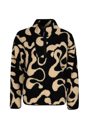 Zwart en beige fleece trui met abstract swirl-patroon, lange mouwen, hoge kraag en halve ritssluiting aan de voorkant.