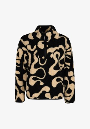 Zwart en beige fleece trui met abstract swirl-patroon, lange mouwen, hoge kraag en halve ritssluiting aan de voorkant.