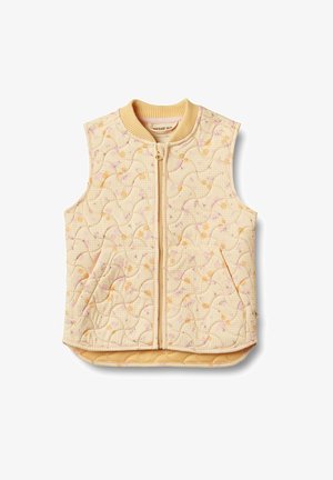Väst av vadderad tyg i ljusgul med ett vågmönster, med framdraget blixtlås och fickor, samt en ribbad krage. Mjuk textur.