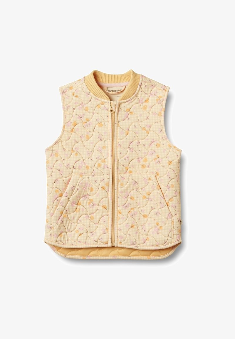 Gestepptes Weste in hellgelb mit Wellenmuster, ausgestattet mit einem Frontreißverschluss und Taschen sowie einem gerippten Kragen. Weiche Textur.