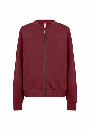 Giacca bomber a maniche lunghe color marrone bordeaux con zip frontale, colletto, polsini e vita a coste, design semplice, esposta su sfondo bianco.